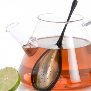 Ситечко для заваривания чая из измельченных листьев, TEA DROP, с черной ручкой, на подставке, размер: 21,5 x 5,6 см item